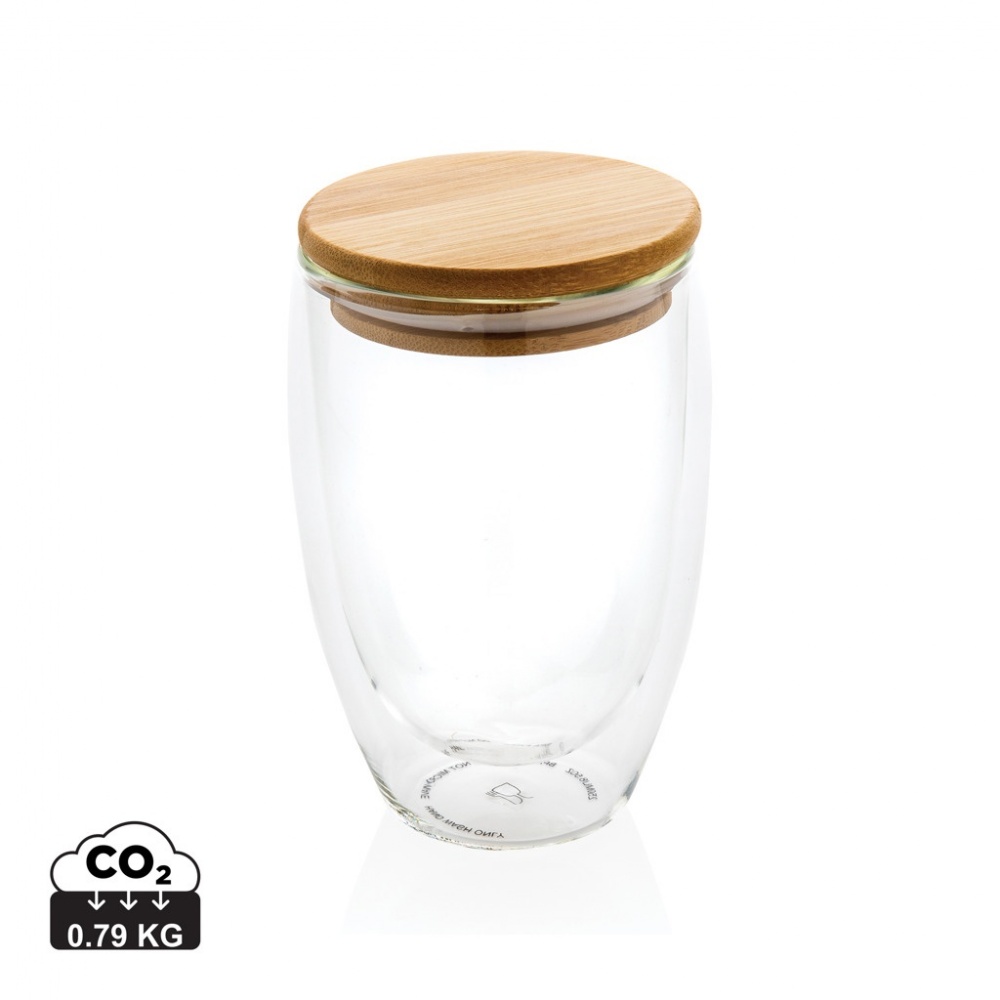 Logotrade Werbeartikel das Foto: Doppelwandiges Borosilikatglas mit Bambusdeckel 350ml
