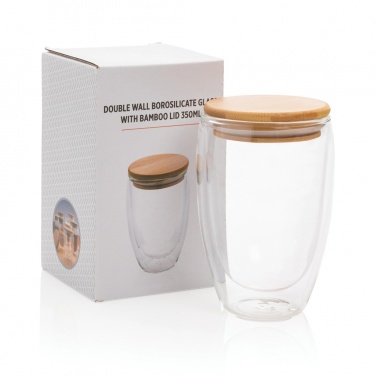 Logotrade Logogeschenke das Foto: Doppelwandiges Borosilikatglas mit Bambusdeckel 350ml