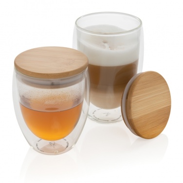 Logotrade Firmengeschenke das Foto: 2-tlg Set Borosilikatgläser mit Bambusdeckel 350ml