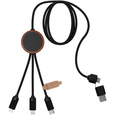 Logo trade promotional merchandise image of: SCX.design C37 5-in-1 rPET light-up logo charging cable with round wooden casing