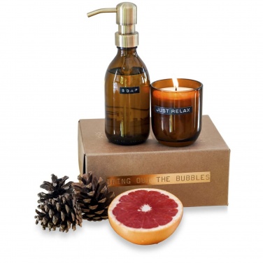 Logo trade corporate gifts image of: Wellmark Discovery 200 ml hand soap dispenser and 150 g scented candle set - bamboo fragrance