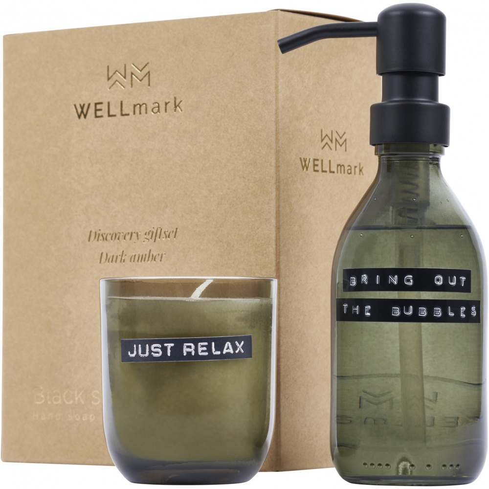 Logotrade business gifts photo of: Wellmark Discovery 200 ml hand soap dispenser and 150 g scented candle set - dark amber fragrance