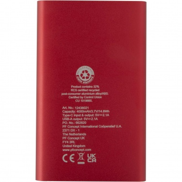 Logo trade corporate gift photo of: Pep 4000 mAh Type-C recycled aluminium power bank 