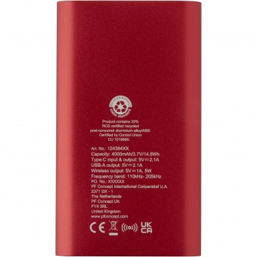 Logo trade business gifts image of: Juice 4000 mAh Type-C recycled aluminium wireless power bank 