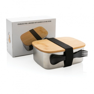 Logo trade advertising products image of: Stainless steel lunchbox with bamboo lid and spork