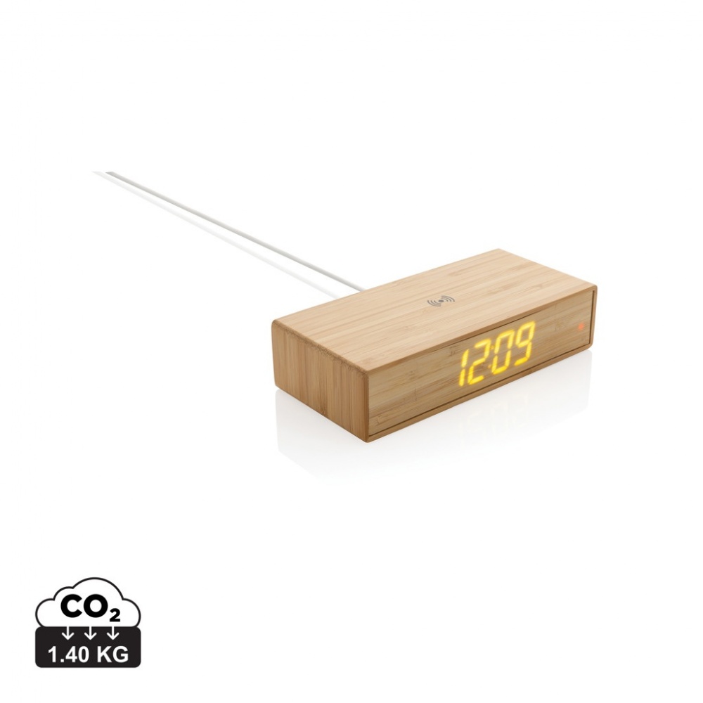 Logo trade promotional giveaways picture of: Bamboo alarm clock with 5W wireless charger