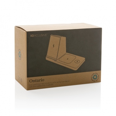 Logo trade business gifts image of: Ontario recycled plastic & bamboo 3-in-1 wireless charger