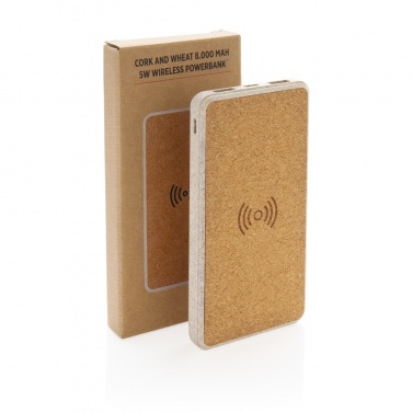 Logo trade corporate gifts image of: Cork and Wheat Straw 8.000 mAh 5W wireless powerbank