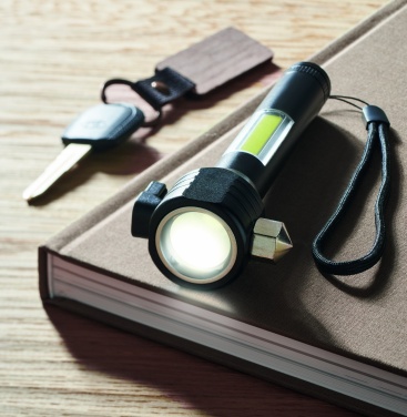 Logo trade promotional items image of: 3-in-1 aluminum flashlight with an emergency hammer and seatbelt cutter, customizable with printing