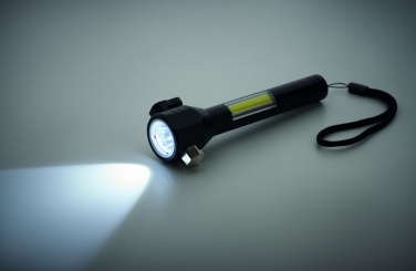 Logo trade business gifts image of: 3-in-1 aluminum flashlight with an emergency hammer and seatbelt cutter, customizable with printing