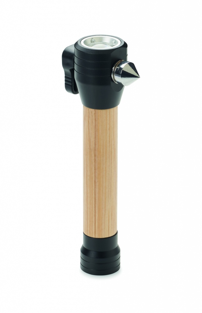Logotrade advertising product picture of: 3-in-1 bamboo flashlight with an emergency hammer and seatbelt cutter