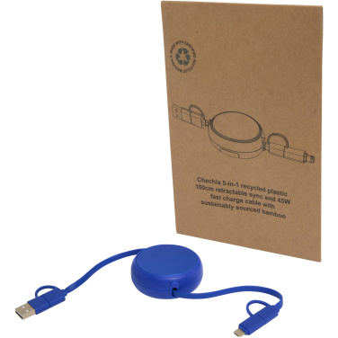 Logotrade promotional gift image of: Alasia 5-in-1 100 cm recycled plastic and aluminium retractable data sync and 45W fast charge cable