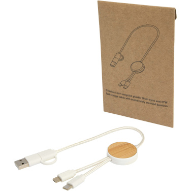 Logotrade promotional item image of: Chechia 5-in-1 recycled plastic 30 cm data sync and 27W fast charge cable with bamboo details