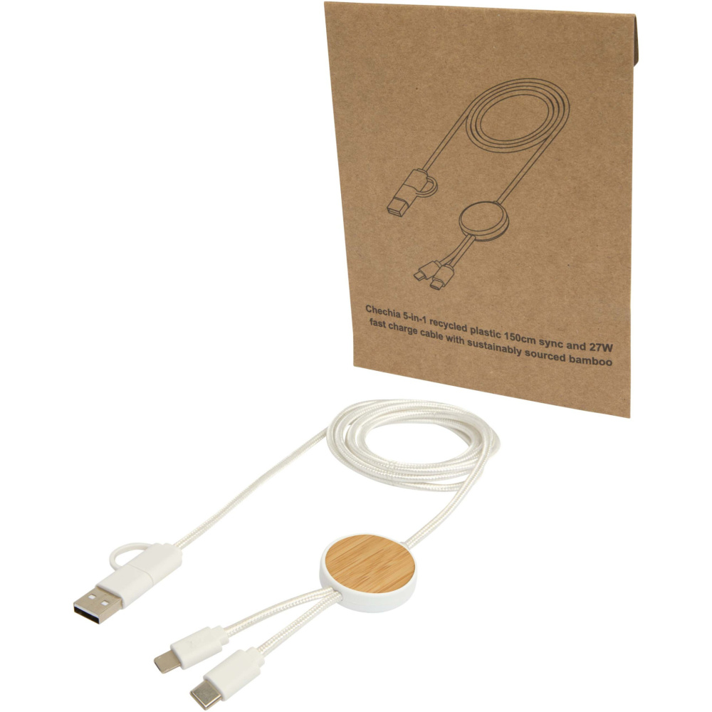 Logotrade promotional item picture of: Chechia 5-in-1 recycled plastic 150 cm data sync and 27W fast charge cable with bamboo details