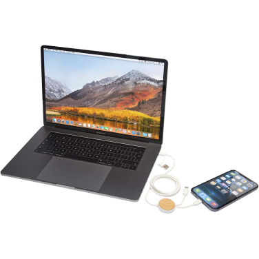 Logo trade promotional giveaways image of: Chechia 5-in-1 recycled plastic 150 cm data sync and 27W fast charge cable with bamboo details