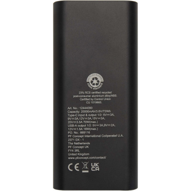 Logo trade liikelahja mainoslahja tuotekuva: Acamar 20 000 mAh:n ja 70 W:n kannettavan tietokoneen varavirtalähde kierrätetystä alumiinista