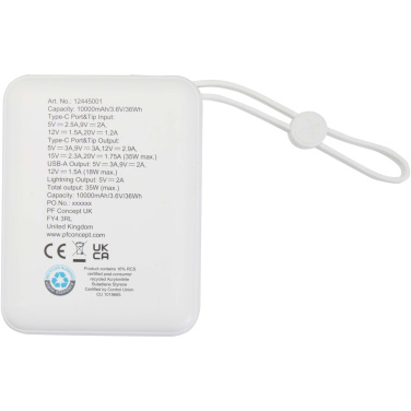 Logotrade firminės dovanos nuotrauka: „Acrux“ 10 000 mAh 35 W planšetinio kompiuterio išorinė baterija su integruotu C tipo laidu – pagaminta iš perdirbto plastiko