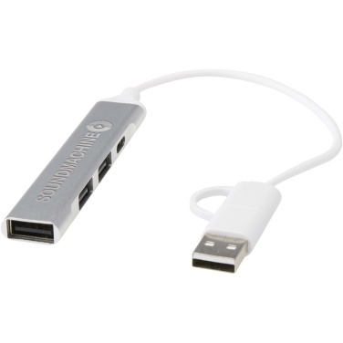 Logotrade reklaminės dovanos nuotrauka: „Alkaid“ 4 prievadų perdirbto aliuminio USB-A ir C tipo šakotuvas su dviguba įvestimi