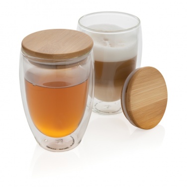 Logotrade profilprodukter bild: Dubbelväggigt borosilikatglas med bambulock, 350ml, 2-pack